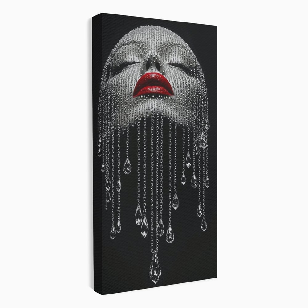 Tablou canvas cu tablou portret femeie cu cristale si buze rosii, fara rama, pe sasiu de lemn